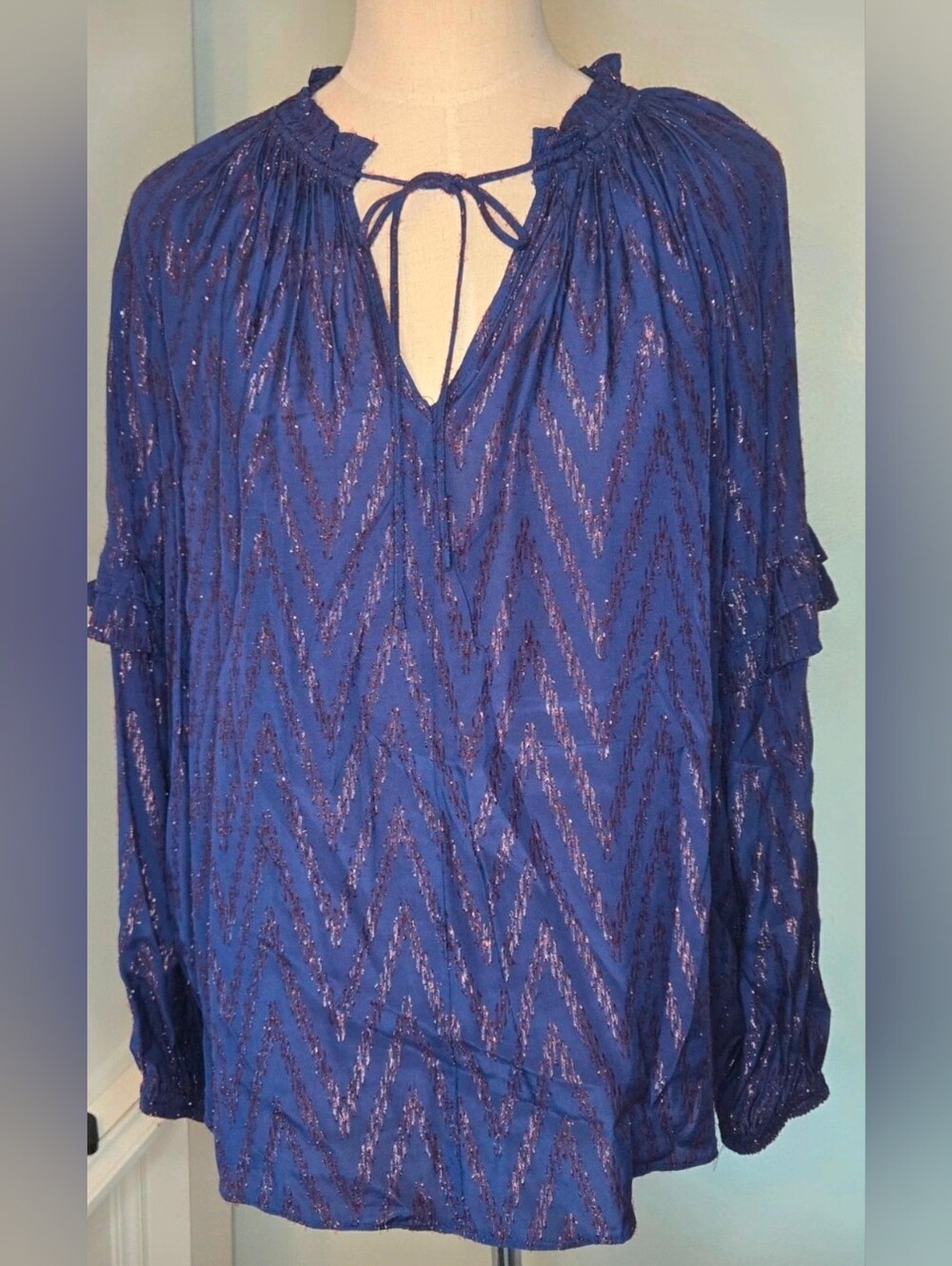 Current Air Navy Metallic Chevron Peasant Blouse